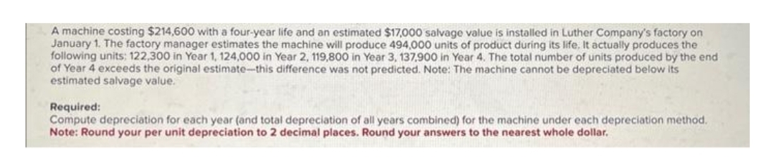 A machine costing $214,600 with a four-year life and an estimated $17,000 salvage value i installed in Luther Company's factory on
January 1. The factory manager estimates the machine will produce 494,000 units of product during its life. It actually produces the
following units: 122,300 in Year 1, 124,000 in Year 2, 119,800 in Year 3, 137,900 in Year 4. The total number of units produced by the end.
of Year 4 exceeds the original estimate-this difference was not predicted. Note: The machine cannot be depreciated below its
estimated salvage value.
Required:
Compute depreciation for each year (and total depreciation of all years combined) for the machine under each depreciation method.
Note: Round your per unit depreciation to 2 decimal places. Round your answers to the nearest whole dollar.