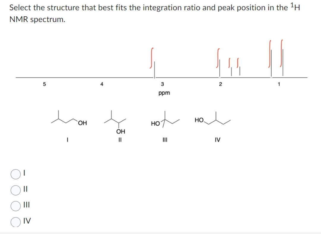 Select the structure that best fits the integration ratio and peak position in the ¹H
NMR spectrum.
||
|||
IV
5
OH
4
OH
||
3
ppm
Hot
E
2
НО.
al
IV
1