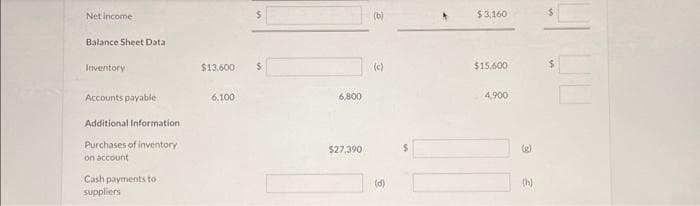 Net income
Balance Sheet Data
Inventory
Accounts payable
Additional Information
Purchases of inventory
on account
Cash payments to
suppliers
$
$13,600 $
6.100
6,800
$27,390
(b)
(c)
(d)
$3,160
$15,600
4,900
(h)