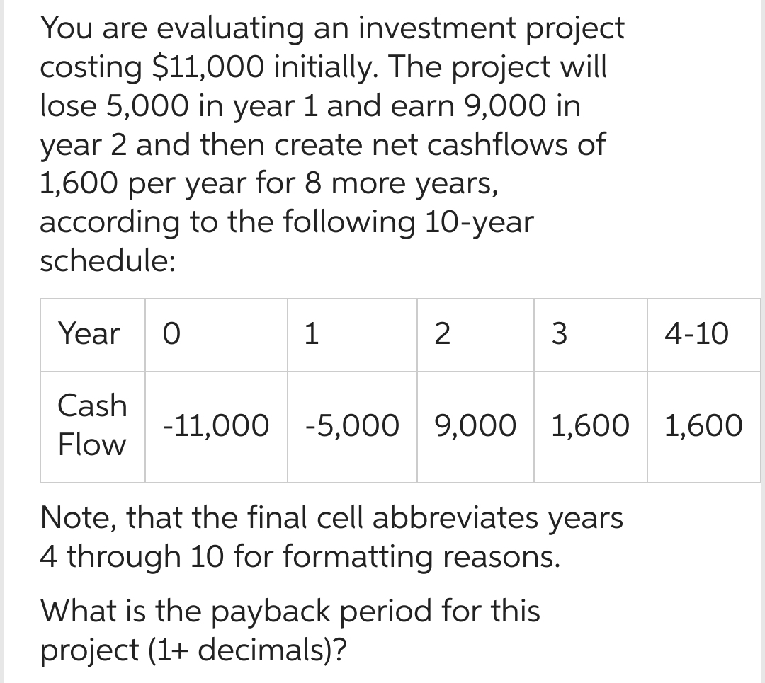You are evaluating an investment project
costing $11,000 initially. The project will
lose 5,000 in year 1 and earn 9,000 in
year 2 and then create net cashflows of
1,600 per year for 8 more years,
according to the following 10-year
schedule:
Year
Cash
Flow
O
1
2
3
-11,000 -5,000 9,000 1,600 1,600
Note, that the final cell abbreviates years
4 through 10 for formatting reasons.
What is the payback period for this
project (1+ decimals)?
4-10