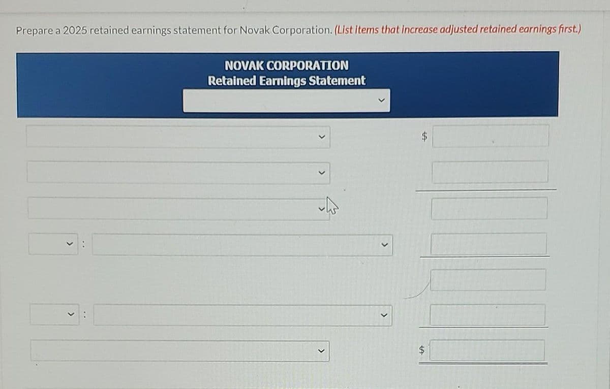 Prepare a 2025 retained earnings statement for Novak Corporation. (List items that increase adjusted retained earnings first.)
NOVAK CORPORATION
Retained Earnings Statement
>
>
$
LA