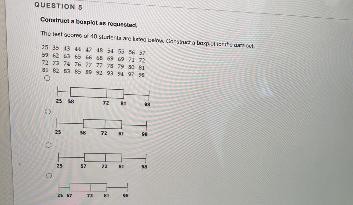 QUESTION 5
Construct a boxplot as requested.
The test scores of 40 students are listed below. Construct a boxplot for the data set.
25 35 43 44 47 48 54 55 56 57
59 62 63 65 66 68 69 69 71 72
72 73 74 76 77 77 78 79 80 81
81 82 83 85 89 92 93 94 97 98
25
58
72
81
98
25
58
72
81
98
25
57
72
81
98
25 57
72
81
98
