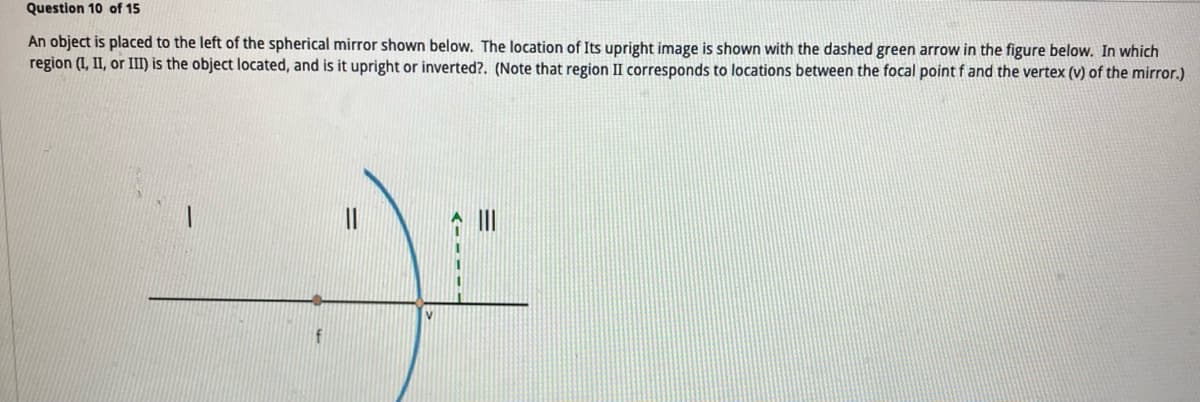 Question 10 of 15
An object is placed to the left of the spherical mirror shown below. The location of Its upright image is shown with the dashed green arrow in the figure below. In which
region (I, II, or III) is the object located, and is it upright or inverted?. (Note that region II corresponds to locations between the focal point f and the vertex (v) of the mirror.)