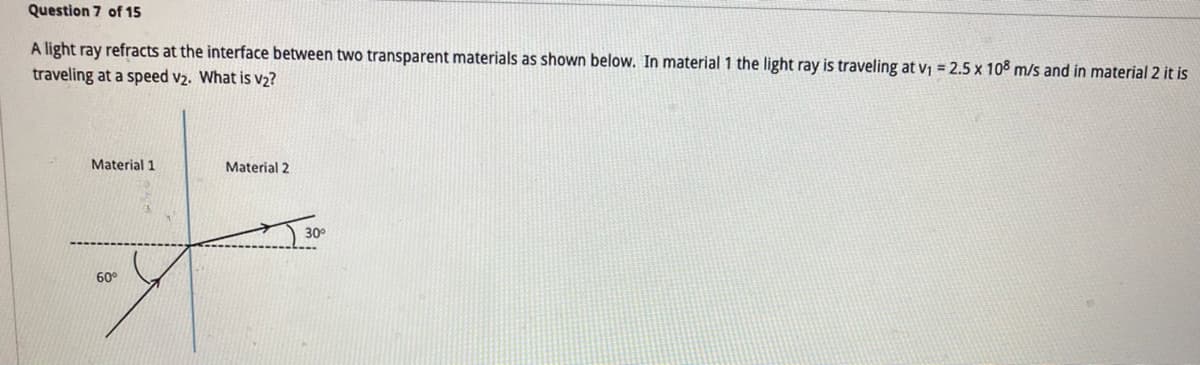 Question 7 of 15
A light ray refracts at the interface between two transparent materials as shown below. In material 1 the light ray is traveling at v₁ = 2.5 x 108 m/s and in material 2 it is
traveling at a speed v2. What is v2?
Material 1
Material 2
60°
30°