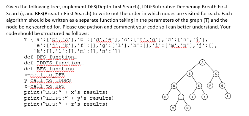 Given the following tree, implement DFS(Depth-first Search), IDDFS(iterative Deepening Breath First
Search), and BFS(Breadth-First Search) to write out the order in which nodes are visited for each. Each
algorithm should be written as a separate function taking in the parameters of the graph (T) and the
node being searched for. Please use python and comment your code so I can better understand. Your
code should be structured as follows:
T={'a':['b','c'],'b':['d','e'],'c':['E','g'],'d':['h','i'1,
'e':['j,'k'],'f':[],'g':['l'],'h':[],'i':['m',in'],'j':[],
'k': [],'1':[],'m':[],'n':[]}
def DFS function.
def IDDFS function.
def BFS function.
x=call to DES
y=call to IDDFS
z=call to BFS
print ("DFS:" + x's results)
print ("IDDFS:" + y's results)
print ("BFS:" + z's results)
B
mon
N
