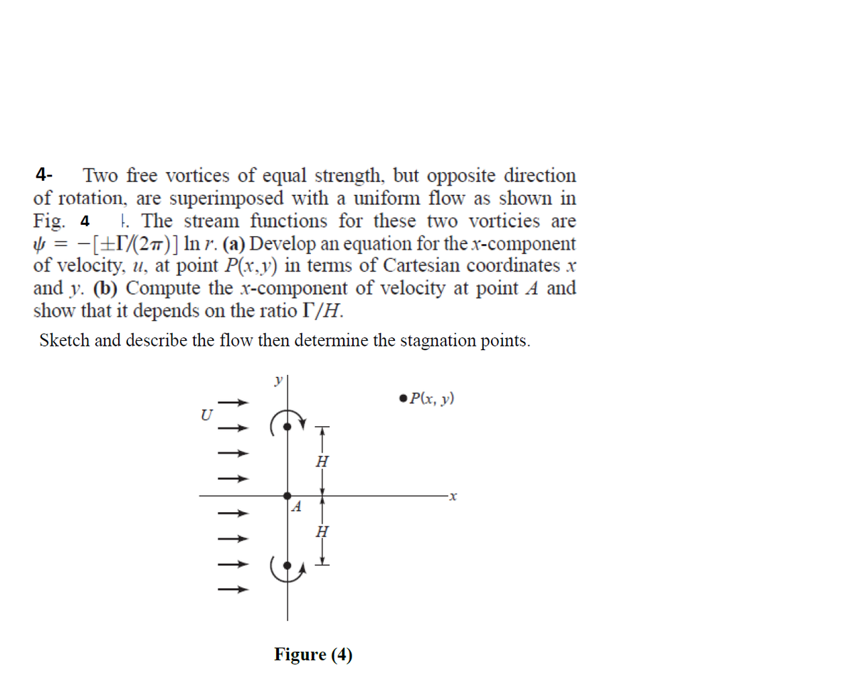 Two free vortices of equal strength, but opposite direction
of rotation, are superimposed with a uniform flow as shown in
Fig. 4
Ų = -[±T(2#)] In r. (a) Develop an equation for the x-component
of velocity, u, at point P(x,y) in terms of Cartesian coordinates x
and y. (b) Compute the x-component of velocity at point A and
show that it depends on the ratio I'/H.
4-
1. The stream functions for these two vorticies are
Sketch and describe the flow then determine the stagnation points.
Plx, y)
U
H
Figure (4)
