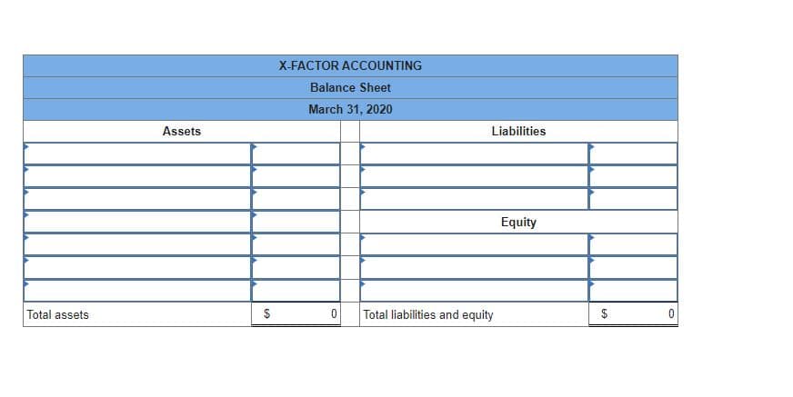X-FACTOR ACCOUNTING
Balance Sheet
March 31, 2020
Assets
Liabilities
Equity
Total assets
$
Total liabilities and equity
$
%24
