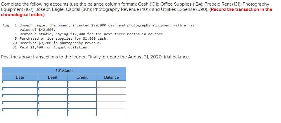 Complete the following accounts (use the balance column format): Cash (101); Office Supplies (124); Prepaid Rent (131); Photography
Equipment (167); Joseph Eagle, Capital (301); Photography Revenue (401); and Utilities Expense (690). (Record the transaction in the
chronological order.)
Aug. 1 Joseph Eagle, the owner, invested $20,000 cash and photography equipment with a fair
value of $42,000.
1 Rented a studio, paying $12,000 for the next three months in advance.
5 Purchased office supplies for $1,800 cash.
20 Received $9,200 in photography revenue.
31 Paid $1,40o for August utilities.
Post the above transactions to the ledger. Finally, prepare the August 31, 2020, trial balance.
101:Cash
Date
Debit
Credit
Balance
