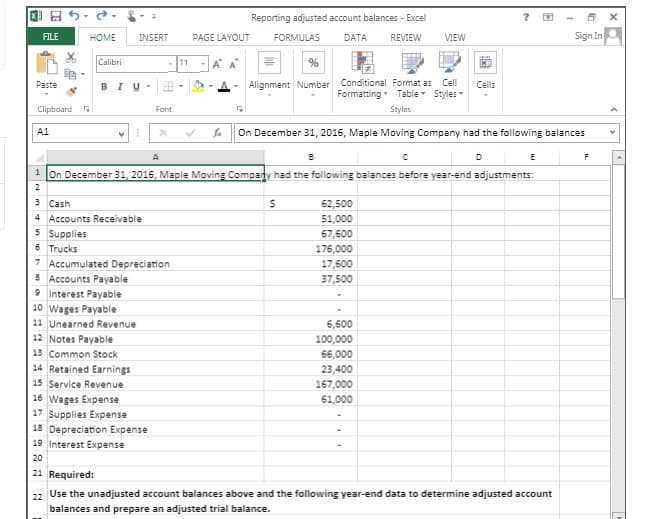 Reporting adjusted account balances - Excel
FILE
HOME
INSERT
PAGE LAYOUT
FORMULAS
DATA
REVIEW
VIEW
Sign in
Calibri
11
- Alignment Number Conditional Format as Cell
Formatting Table Styles
Paste
BIU-
Cells
Clipboard G
Fant
Styles
v On December 31, 2016, Maple Moving Company had the following balances
A1
A
E
F
1 On December 31, 2016, Maple Moving Compady had the following balances before year-end adjustments:
з Сash
62,500
4 Accounts Receivable
51,000
5 Supplies
6 Trucks
7 Accumulated Depreciation
8 Accounts Payable
9 Interest Payable
10 Wages Payable
11 Unearned Revenue
67,600
176,000
17,600
37,500
6,600
12 Notes Payable
13 Common Stock
14 Retained Earnings
100,000
66,000
23,400
167,000
15 Service Revenue
16 Wages Expense
17 Supplies Expense
61,000
18 Depreciation Expense
19 Interest Expense
20
21 Required:
22 Use the unadjusted account balances above and the following year-end data to determine adjusted account
balances and prepare an adjusted trial balance.
