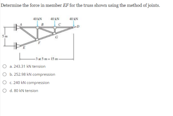 Determine the force in member EF for the truss shown using the method of joints.
40 kN
40 kN
40 kN
-3 at 5 m = 15 m -
O a. 243.31 kN tension
O b. 252.98 kN compression
O c. 240 kN compression
O d. 80 kN tension
