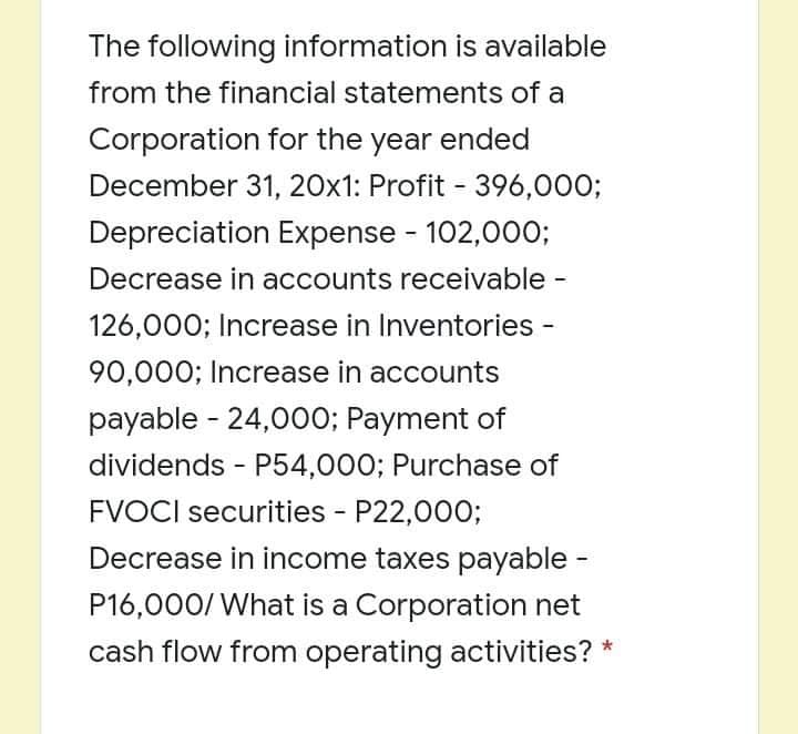 The following information is available
from the financial statements of a
Corporation for the year ended
December 31, 20x1: Profit - 396,000;
Depreciation Expense - 102,000;
Decrease in accounts receivable -
126,000; Increase in Inventories -
90,000; Increase in accounts
payable - 24,000; Payment of
dividends - P54,000; Purchase of
FVOCI securities - P22,000;
Decrease in income taxes payable -
P16,000/ What is a Corporation net
cash flow from operating activities? *
