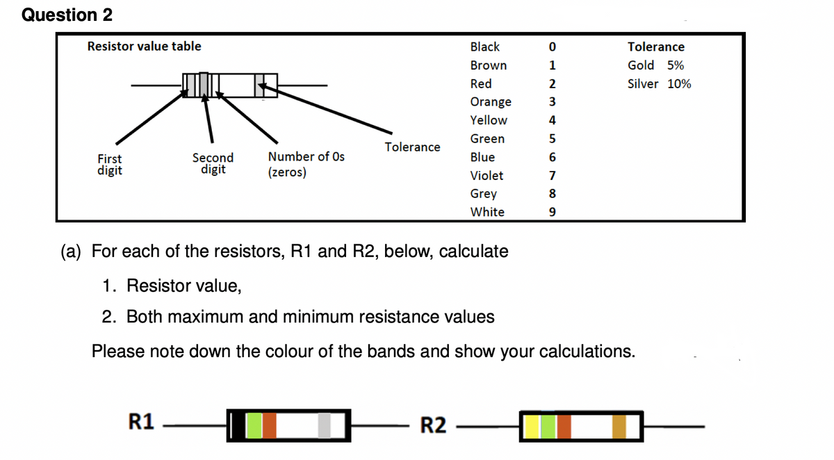 Question 2
Resistor value table
Black
Tolerance
Brown
1
Gold 5%
Red
2
Silver 10%
Orange
3.
Yellow
4
Green
5
Tolerance
Number of Os
Blue
Second
digit
6.
First
digit
(zeros)
Violet
7
Grey
8.
White
9
(a) For each of the resistors, R1 and R2, below, calculate
1. Resistor value,
2. Both maximum and minimum resistance values
Please note down the colour of the bands and show your calculations.
R1
R2
