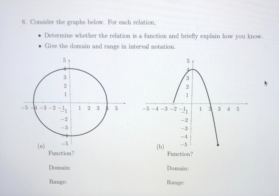 6. Consider the graphs below. For each relation,
• Determine whether the relation is a function and briefly explain how you know.
• Give the domain and range in interval notation.
5
3
1
-5 4 -3 -2 -1,
1 2 3 5
-5 -4 –3 –2 –1,
1 23 4 5
-2
-2
-3
-3
-4
-5
-5
(a)
Function?
(b)
Function?
Domain:
Domain:
Range:
Range:
3.
