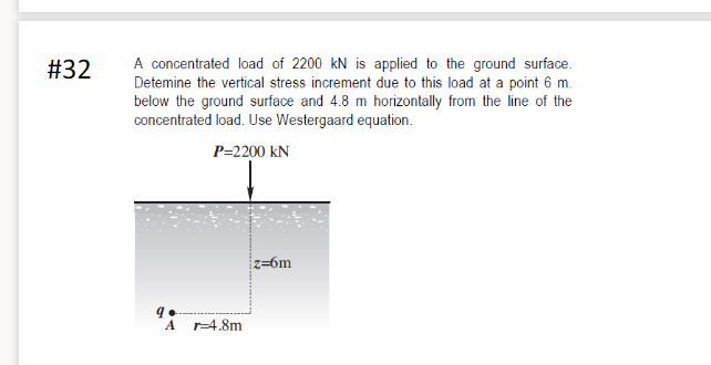 A concentrated load of 2200 kN is applied to the ground surface.
Detemine the vertical stress increment due to this load at a point 6 m.
below the ground surface and 4.8 m horizontally from the line of the
concentrated load. Use Westergaard equation.
#32
P=2200 kN
z=6m
A r-4.8m
