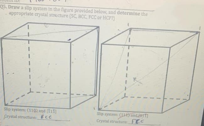 Q5. Draw a slip system in the figure provided below, and determine the
appropriate crystal structure (SC, BCC, FCC or HCP?)
1
1
Slip system: (110) and [111]
BCC
Crystal structure:
1
Slip system: (1H) and [011]
Crystal structure: FEC