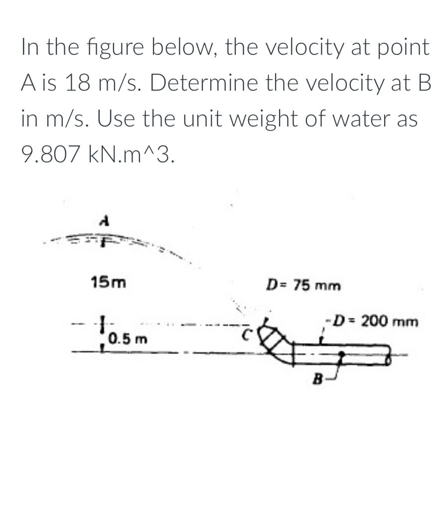 In the figure below, the velocity at point
A is 18 m/s. Determine the velocity at B
in m/s. Use the unit weight of water as
9.807 kN.m^3.
15m
D= 75 mm
-D = 200 mm
+
0.5 m
B