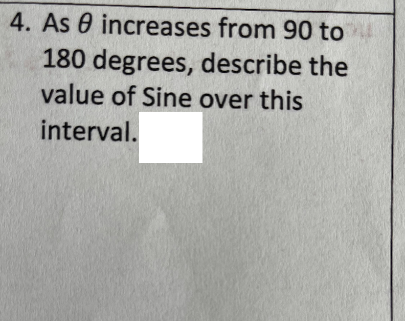 4. As 0 increases from 90 to
180 degrees, describe the
value of Sine over this
interval.
