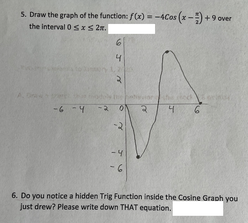 5. Draw the graph of the function: f (x) = -4Cos (x -) + 9 over
the interval 0<x< 2n.
%3D
A. w
-2
h- 9-
-2
-4
-6
6. Do you notice a hidden Trig Function inside the Cosine Graph you
just drew? Please write down THAT equation.
