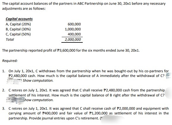 The capital account balances of the partners in ABC Partnership on June 30, 20x1 before any necessary
adjustments are as follows:
Capital accounts
A, Capital (20%)
B, Capital (30%)
C, Capital (50%)
600,000
1,000,000
400,000
Total
2,000,000
The partnership reported profit of P3,600,000 for the six months ended June 30, 20x1.
Required:
1. On July 1, 20x1, C withdraws from the partnership when he was bought-out by his co-partners for
P2,480,000 cash. How much is the capital balance of A immediately after the withdrawal of C?
Show computation.
2. C retires on July 1, 20x1. It was agreed that C shall receive P2,480,000 cash from the partnership
settlement of his interest. How much is the capital balance of B right after the withdrawal of C?
Show computation.
3. C retires on July 1, 20x1. It was agreed that C shall receive cash of P2,000,000 and equipment with
carrying amount of P400,000 and fair value of P1,200,000 as settlement of his interest in the
partnership. Provide journal entries upon C's retirement. (
