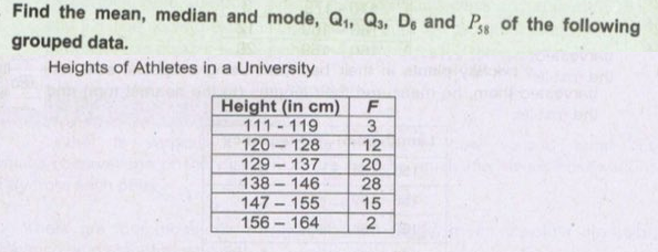 Find the mean, median and mode, Q, Q3, De and P of the following
grouped data.
Heights of Athletes in a University
Height (in cm).
111 119
120 - 128
129-137
138-146
147 155
156-164
3
12
20
28
15
