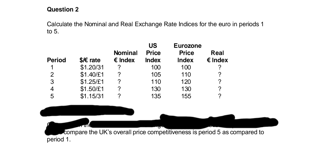 Question 2
Calculate the Nominal and Real Exchange Rate Indices for the euro in periods 1
to 5.
Period
1
2345
Nominal
€ Index
$/€ rate
$1.20/31 ?
$1.40/£1 ?
$1.25/£1 ?
$1.50/£1 ?
$1.15/31 ?
US
Price
Index
100
105
110
130
135
Eurozone
Price
Index
100
110
120
130
155
Real
€ Index
?
?
?
?
?
compare the UK's overall price competitiveness is period 5 as compared to
period 1.