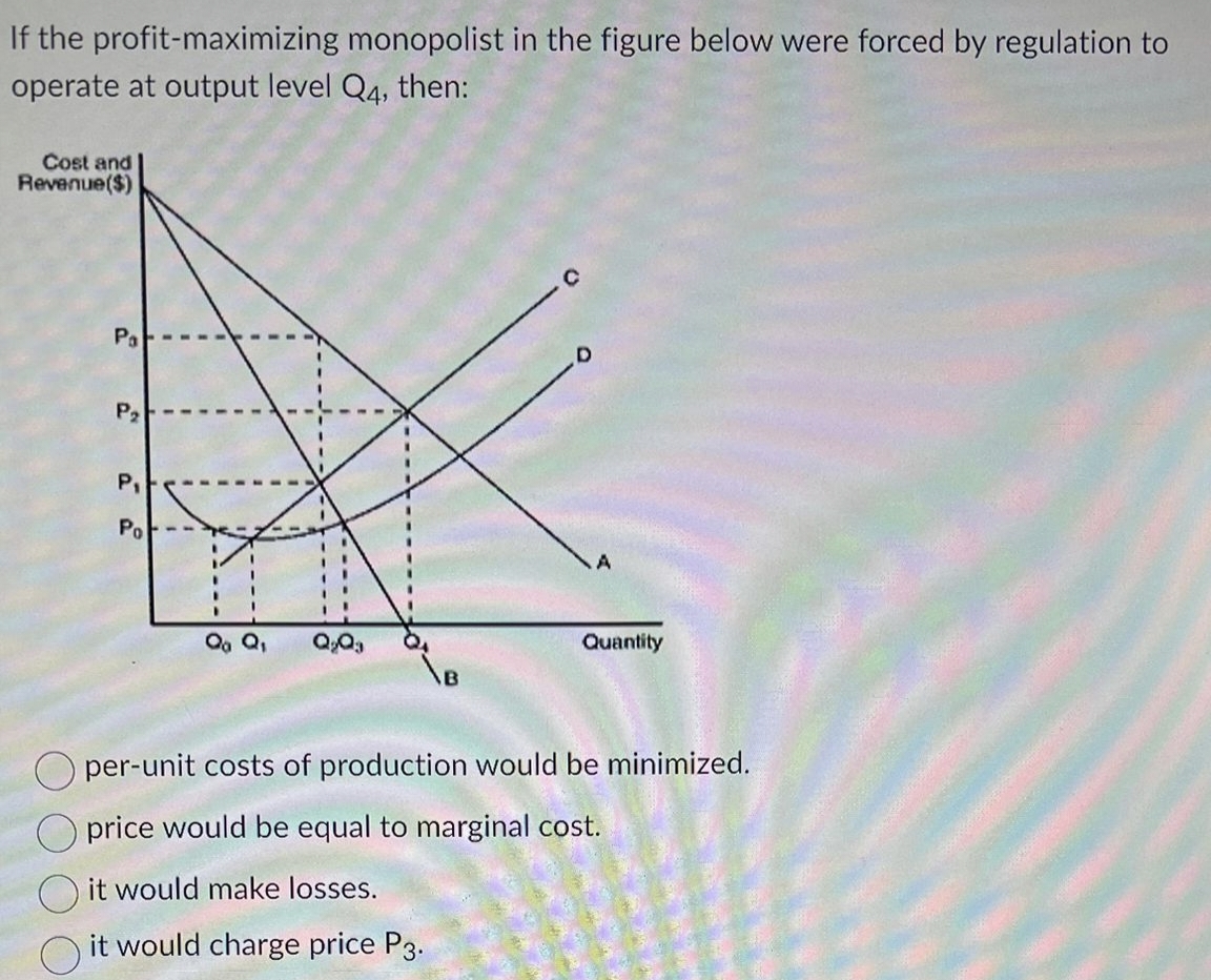 If the profit-maximizing
operate at output level Q4, then:
Cost and
Revenue($)
Pa
P2
a
P₁
Po
monopolist in the figure below were forced by regulation to
Qo Q₁ Q₂Q3
Quantity
per-unit costs of production would be minimized.
Oprice would be equal to marginal cost.
it would make losses.
it would charge price P3.