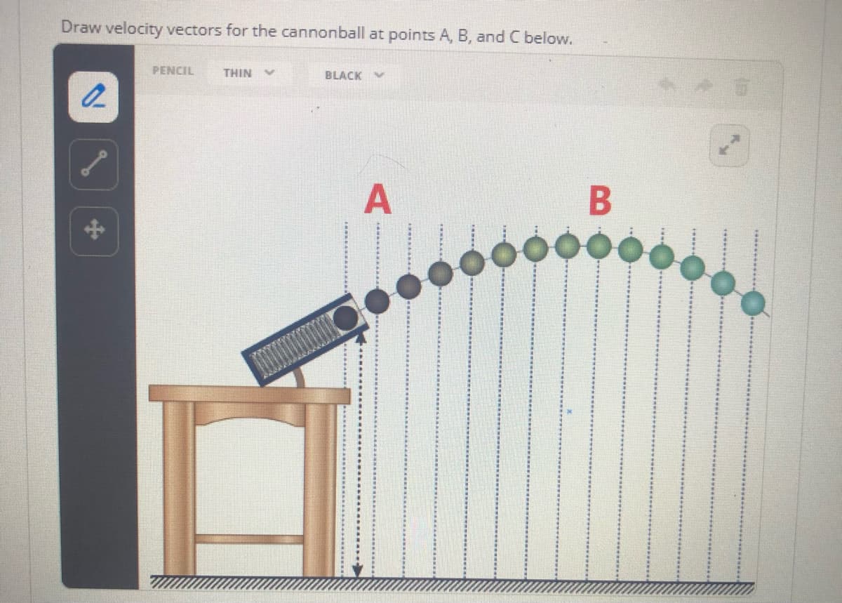 Draw velocity vectors for the cannonball at points A, B, and C below.
PENCIL
THIN V
BLACK V
A
B
