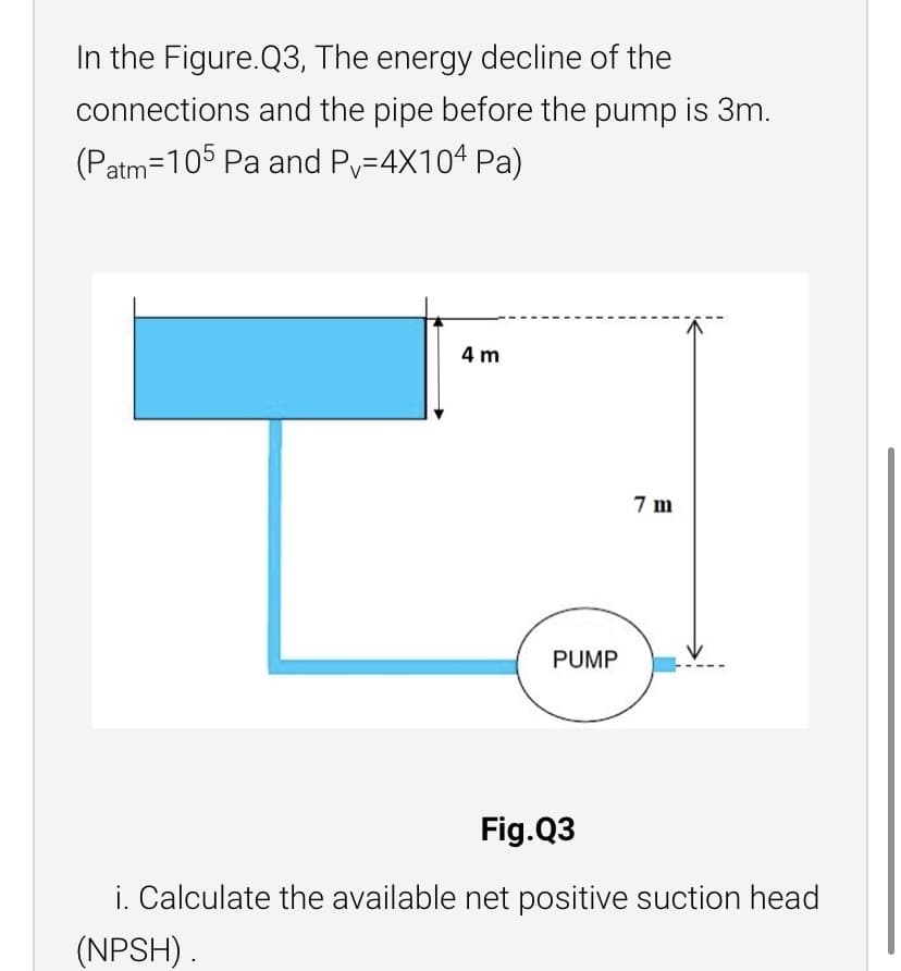 In the Figure.Q3, The energy decline of the
connections and the pipe before the pump is 3m.
(Patm=105 Pa and Py=4X104 Pa)
4 m
7 m
PUMP
Fig.Q3
i. Calculate the available net positive suction head
(NPSH).
