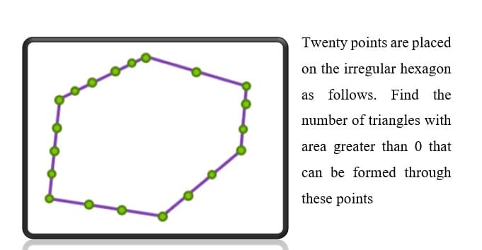 Twenty points are placed
on the irregular hexagon
as follows. Find
the
number of triangles with
area greater than 0 that
can be formed through
these points
