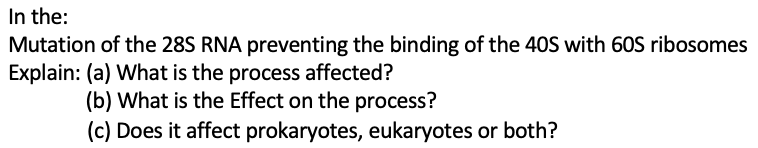 In the:
Mutation of the 28S RNA preventing the binding of the 40S with 60S ribosomes
Explain: (a) What is the process affected?
(b) What is the Effect on the process?
(c) Does it affect prokaryotes, eukaryotes or both?
