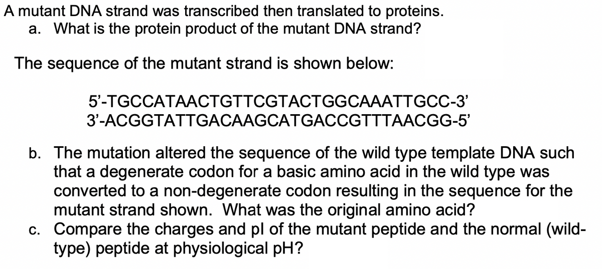A mutant DNA strand was transcribed then translated to proteins.
a. What is the protein product of the mutant DNA strand?
The sequence of the mutant strand is shown below:
5'-TGCCATAACTGTTCGTACTGGCAAATTGCC-3'
3'-ACGGTATTGACAAGCATGACCGTTTAACGG-5'
b. The mutation altered the sequence of the wild type template DNA such
that a degenerate codon for a basic amino acid in the wild type was
converted to a non-degenerate codon resulting in the sequence for the
mutant strand shown. What was the original amino acid?
c. Compare the charges and pl of the mutant peptide and the normal (wild-
type) peptide at physiological pH?
