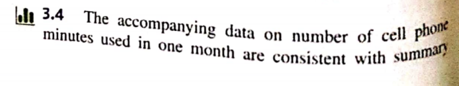 bli 3.4 The accompanying data on number of cell phone
minutes used in one month are consistent with summary
