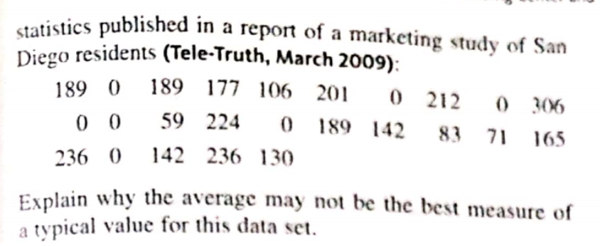 statistics published in a repon of a marketing study of San
Diego residents (Tele-Truth, March 2009):
189 0
189 177 106 201
0 212 0 306
0 0
59 224
189 142
83 71
165
236 0
142 236 130
Explain why the average may not be the best measure of
a typical value for this data set.
