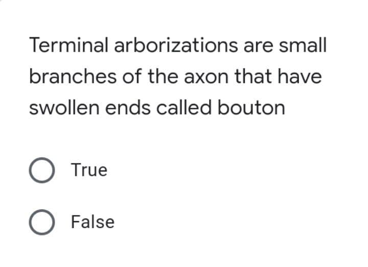 Terminal arborizations are small
branches of the axon that have
swollen ends called bouton
O True
O False