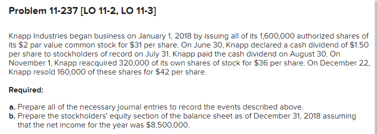 Problem 11-237 [LO 11-2, LO 11-3]
Knapp Industries began business on January 1, 2018 by issuing all of its 1,600,000 authorized shares of
its $2 par value common stock for $31 per share. On June 30, Knapp declared a cash dividend of $1.50
per share to stockholders of record on July 31. Knapp paid the cash dividend on August 30. On
November 1, Knapp reacquired 320,000 of its own shares of stock for $36 per share. On December 22,
Knapp resold 160,000 of these shares for $42 per share.
Required:
a. Prepare all of the necessary journal entries to record the events described above.
b. Prepare the stockholders' equity section of the balance sheet as of December 31, 2018 assuming
that the net income for the year was $8,500,000.
