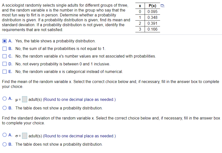 A sociologist randomly selects single adults for different groups of three,
and the random variable x is the number in the group who say that the
most fun way to flirt is in person. Determine whether a probability
distribution is given. If a probability distribution is given, find its mean and
standard deviation. If a probability distribution is not given, identify the
requirements that are not satisfied.
X
P(x) -
0.095
1
0.348
2
0.391
3
0.166
A. Yes, the table shows a probability distribution.
B. No, the sum of all the probabilities is not equal to 1.
C. No, the random variable x's number values are not associated with probabilities.
D. No, not every probability is between 0 and 1 inclusive.
E. No, the random variable x is categorical instead of numerical.
Find the mean of the random variable x. Select the correct choice below and, if necessary, fill in the answer box to complete
your choice.
O A.
adult(s) (Round to one decimal place as needed.)
B. The table does not show a probability distribution.
Find the standard deviation of the random variable x. Select the correct choice below and, if necessary, fill in the answer box
to complete your choice.
O A. 6=
adult(s) (Round to one decimal place as needed.)
O B. The table does not show a probability distribution.
