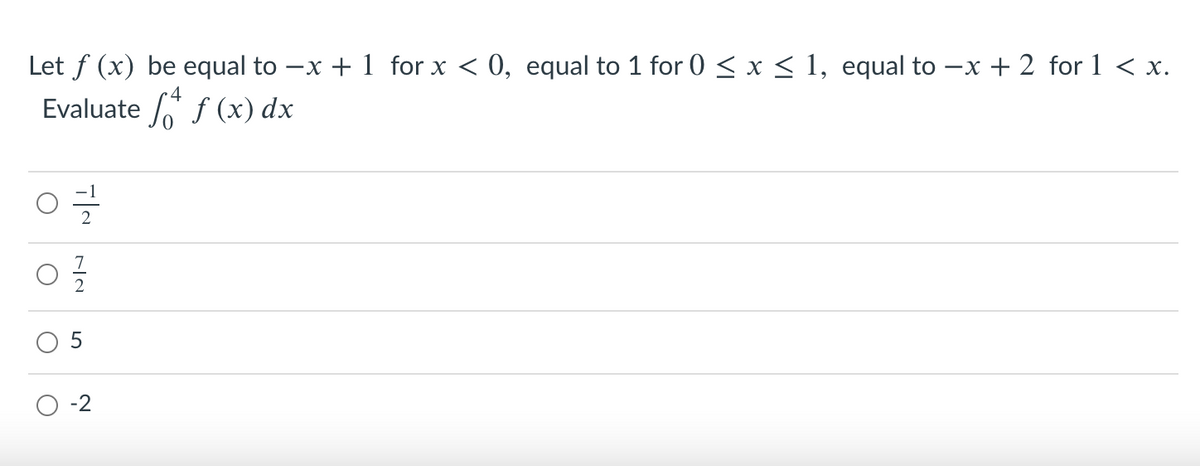 Let f (x) be equal to -x + 1 for x < 0, equal to 1 for 0 < x < 1, equal to -x + 2 for 1 < x.
Evaluate * f (x) dx
-2
