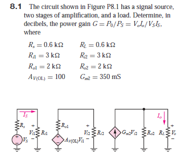 8.1 The circult shown in Figure P8.1 has a signal source,
two stages of amplification, and a load. Determine, in
decibels, the power gain G = Po/ Ps = V.L/Vs!s,
where
R, = 0.6 k2
R = 0.6 k2
Ra = 3 k2
R2 = 3 k2
Rol = 2 k2
Ro2 = 2 k2
Av(OL) = 100
Gm2 = 350 mS
I,
R1
VaR.
Aycz, И
GVa Ra R
Ra
Vo
