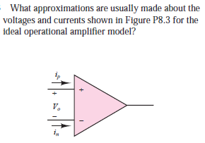 What approximations are usually made about the
voltages and currents shown in Figure P8.3 for the
ideal operational amplifier model?
V.
in
