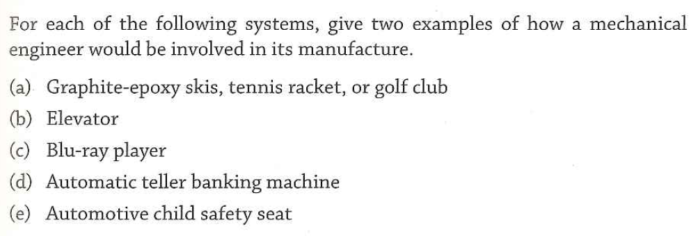 For each of the following systems, give two examples of how a mechanical
engineer would be involved in its manufacture.
(a) Graphite-epoxy skis, tennis racket, or golf club
(b) Elevator
(c) Blu-ray player
(d) Automatic teller banking machine
(e) Automotive child safety seat
