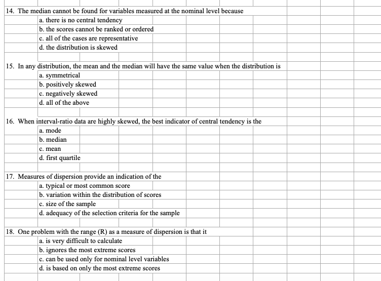 14. The median cannot be found for variables measured at the nominal level because
a. there is no central tendency
|b. the scores cannot be ranked or ordered
c. all of the cases are representative
|d. the distribution is skewed
15. In any distribution, the mean and the median will have the same value when the distribution is
a. symmetrical
|b. positively skewed
c. negatively skewed
|d. all of the above
16. When interval-ratio data are highly skewed, the best indicator of central tendency is the
a. mode
b. median
c. mean
d. first quartile
17. Measures of dispersion provide an indication of the
a. typical or most common score
b. variation within the distribution of scores
c. size of the sample
d. adequacy of the selection criteria for the sample
18. One problem with the range (R) as a measure of dispersion is that it
| a. is very difficult to calculate
b. ignores the most extreme scores
c. can be used only for nominal level variables
d. is based on only the most extreme scores
