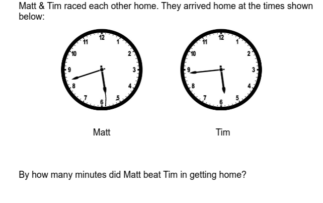 Matt & Tim raced each other home. They arrived home at the times shown
below:
11
Matt
Tim
By how many minutes did Matt beat Tim in getting home?
