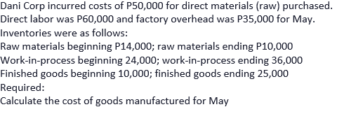 Dani Corp incurred costs of P50,000 for direct materials (raw) purchased.
Direct labor was P60,000 and factory overhead was P35,000 for May.
Inventories were as follows:
Raw materials beginning P14,000; raw materials ending P10,000
Work-in-process beginning 24,000; work-in-process ending 36,000
Finished goods beginning 10,000; finished goods ending 25,000
Required:
Calculate the cost of goods manufactured for May
