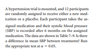 A hypertension trial is mounted, and 12 participants
are randomly assigned to receive either a new med-
ication or a placebo. Each participant takes the as-
signed medication and their systolic blood pressure
(SBP) is recorded after 6 months on the assigned
medication. The data are shown in Table 7–9. Is there
a difference in mean SBP between treatments? Run
the appropriate test at a = 0.05.
