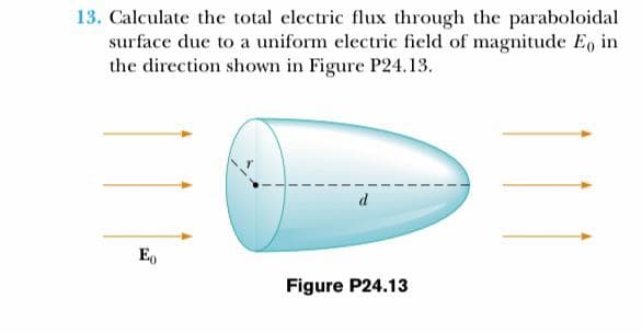 13. Calculate the total electric flux through the paraboloidal
surface due to a uniform electric field of magnitude E, in
the direction shown in Figure P24.13.
d
E,
Figure P24.13
