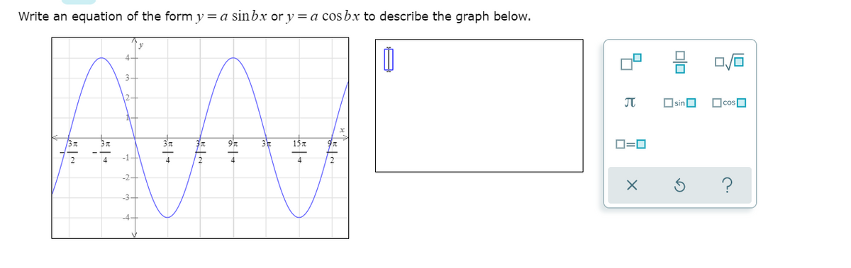 Write an equation of the form y=a sinbx or y = a cosbx to describe the graph below.
JT
OsinO
15a
D=0
4
-1+
-2구
?
-3-
