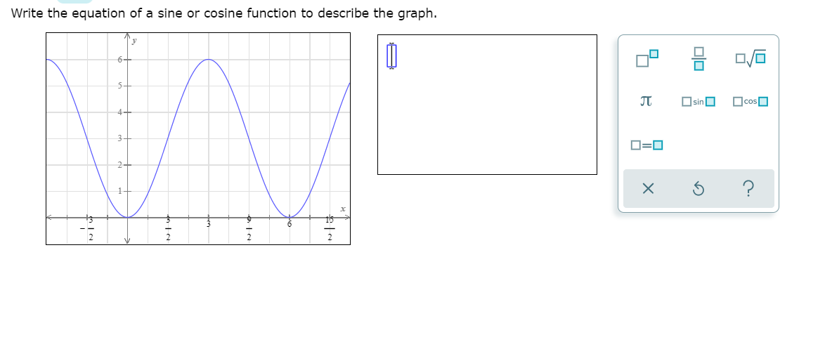 Write the equation of a sine or cosine function to describe the graph.
몸
4.
JT
OsinO
OcosO
3-
D=0
미□
