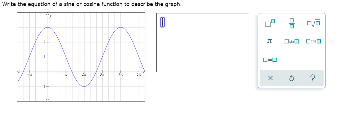 Write the equation of a sine or cosine function to describe the graph.
믐
JT
OsinO
OcosO
1-
D=0
