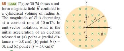85 SSM Figure 30-74 shows a uni-
form magnetic field B confined to
a cylindrical volume of radius R.
The magnitude of B is decreasing
at a constant rate of 10 mT/s. In
unit-vector notation, what is the
initial acceleration of an electron
released at (a) point a (radial dis-
tance r = 5.0 cm), (b) point b (r =
0), and (c) point c (r = 5.0 cm)?
