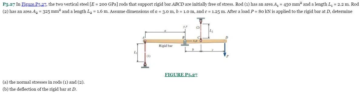 P5.27 In Figure P5.27, the two vertical steel [E = 200 GPa] rods that support rigid bar ABCD are initially free of stress. Rod (1) has an area A, = 450 mm² and a length L, = 2.2 m. Rod
(2) has an area A, = 325 mm² and a length L2 = 1.6 m. Assume dimensions of a = 3.0 m, b = 1.0 m, and c = 1.25 m. After a load P = 80 kN is applied to the rigid bar at D, determine
y,v
(2)
L2
Rigid bar
(1)
FIGURE P5.27.
(a) the normal stresses in rods (1) and (2).
(b) the deflection of the rigid bar at D.
